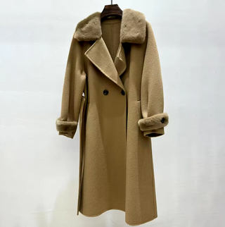 Grey cashmere wool coat with a detachable fox fur collar and cuffs, showcasing a tailored fit and elegant design. camel