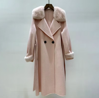 Grey cashmere wool coat with a detachable fox fur collar and cuffs, showcasing a tailored fit and elegant design. light pink