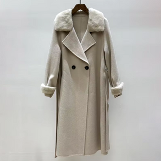 Grey cashmere wool coat with a detachable fox fur collar and cuffs, showcasing a tailored fit and elegant design. Grey