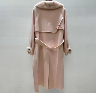 cashmere wool coat with a detachable fox fur collar and cuffs, showcasing a tailored fit and elegant design. light pink