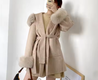 Beige Wool Coat Jacket Fox Fur Hooded Cuff Collar -Light Pink Cielie