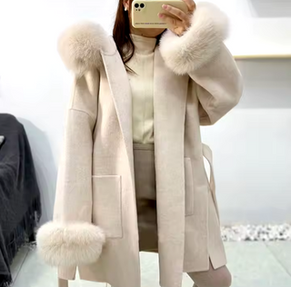 Beige Wool Coat Jacket Fox Fur Hooded Cuff Collar - White Cielie