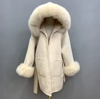 Beige Wool Coat Jacket Fox Fur Hooded Cuff Collar -Light Pink Cielie