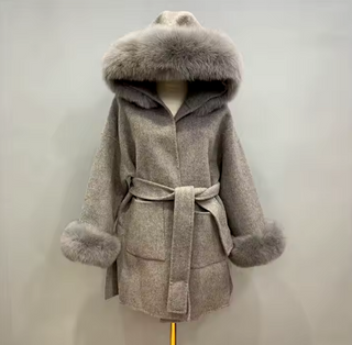 Grey Cashmere Wool Jacket Fox Fur Cuff Colar Hooded