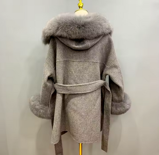 Beige Wool Coat Jacket Fox Fur Hooded Cuff Collar -Light Pink Cielie grey