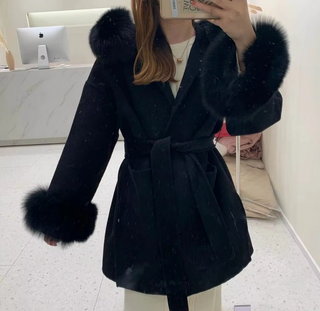 Beige Wool Coat Jacket Fox Fur Hooded Cuff Collar -Light Pink Cielie BLACK Winter coat fox fur