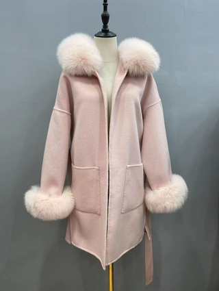 Beige Wool Coat Jacket Fox Fur Hooded Cuff Collar -Light Pink Cielie