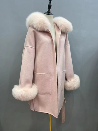 PINK Wool Coat Jacket Fox Fur Hooded Cuff Collar -Light Pink Cielie