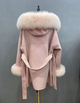 PINK Wool Coat Jacket Fox Fur Hooded Cuff Collar -Light Pink Cielie