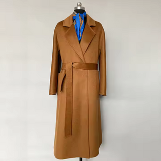 Camel cashmere wool maxi coat with belt and oversized pockets, long warm winter coat for women, elegant outerwear for cold weather.Winter 