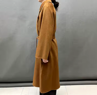 Camel cashmere wool maxi coat with belt and oversized pockets, long warm winter coat for women, elegant outerwear for cold weather.Winter 