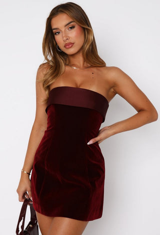 A strapless velvet satin mini dress in deep burgundy, featuring a folded hem and a sleek, elegant design perfect for Christmas parties. Wine Red Mini Christmas Dress - Cielie Vienna