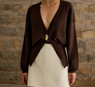 Elegant V-neck sweater with oversized gold button detail, perfect for work and casual occasions brown - Cielie Vienna