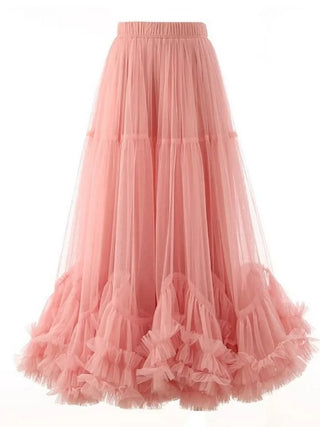 Pink tulle midi skirt with romantic ruffled hem and elastic waistband.