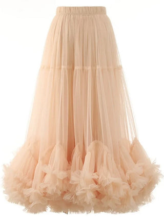 beige tulle midi skirt with romantic ruffled hem and elastic waistband.