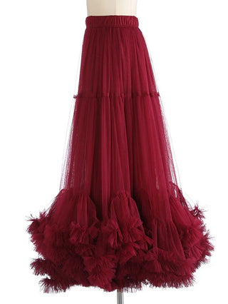 winered tulle midi skirt with romantic ruffled hem and elastic waistband.