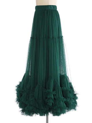 greentulle midi skirt with romantic ruffled hem and elastic waistband.