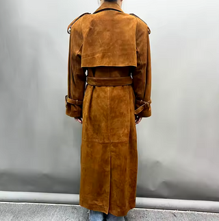 Luxurious long maxi suede real leather coat in camel, featuring a soft suede texture and adjustable belted waist for a tailored fit. Saint Laurent inspired Suede Maxi Coat Cielie Vienna 