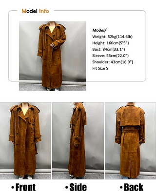 Luxurious long maxi suede real leather coat in camel, featuring a soft suede texture and adjustable belted waist for a tailored fit. Saint Laurent inspired Suede Maxi Coat Cielie Vienna 