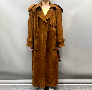 Luxurious long maxi suede real leather coat in camel, featuring a soft suede texture and adjustable belted waist for a tailored fit. Saint Laurent inspired Suede Maxi Coat Cielie Vienna 