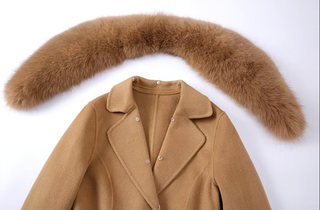 Elegant long double-sided cashmere coat in beige with a real fox fur collar and cuffs, crafted from genuine wool for a sophisticated winter style Camel Cielie Vienna