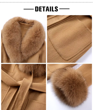 Elegant long double-sided cashmere coat in beige with a real fox fur collar and cuffs, crafted from genuine wool for a sophisticated winter style Camel Cielie Vienna