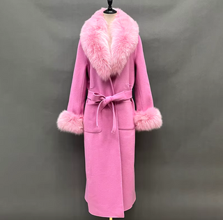 Elegant long double-sided cashmere coat in beige with a real fox fur collar and cuffs, crafted from genuine wool for a sophisticated winter style Camel Cielie Vienna