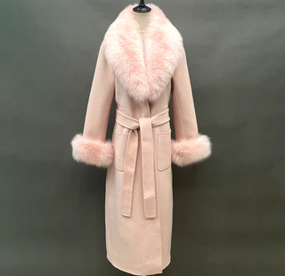 Elegant long double-sided cashmere coat in beige with a real fox fur collar and cuffs, crafted from genuine wool for a sophisticated winter style Camel Cielie Vienna