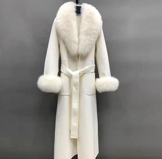 Elegant long double-sided cashmere coat in beige with a real fox fur collar and cuffs, crafted from genuine wool for a sophisticated winter style Camel Cielie Vienna