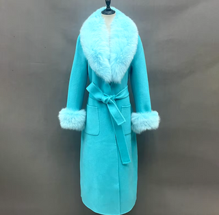 Elegant long double-sided cashmere coat in beige with a real fox fur collar and cuffs, crafted from genuine wool for a sophisticated winter style Camel Cielie Vienna