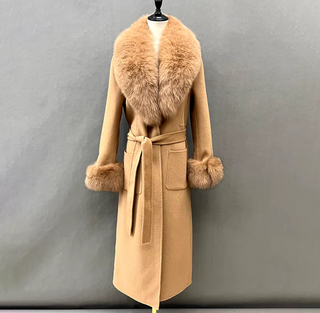 Elegant long double-sided cashmere coat in beige with a real fox fur collar and cuffs, crafted from genuine wool for a sophisticated winter style Camel Cielie Vienna