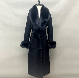 Elegant long double-sided cashmere coat in beige with a real fox fur collar and cuffs, crafted from genuine wool for a sophisticated winter style Camel Cielie Vienna