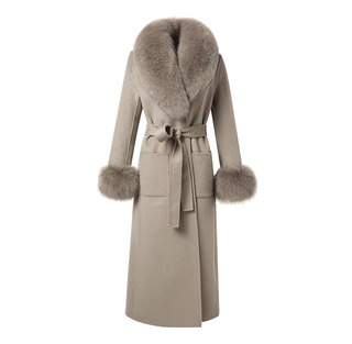 Elegant long double-sided cashmere coat in beige with a real fox fur collar and cuffs, crafted from genuine wool for a sophisticated winter style Camel Cielie Vienna