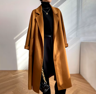 Camel cashmere wool maxi coat with belt and oversized pockets, long warm winter coat for women, elegant outerwear for cold weather.Winter 