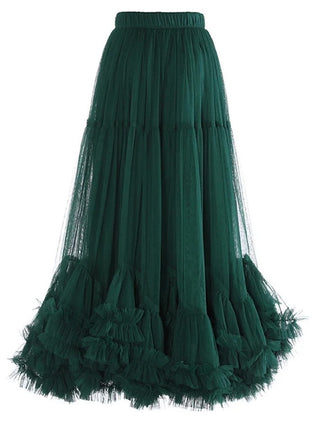 green tulle midi skirt with romantic ruffled hem and elastic waistband.