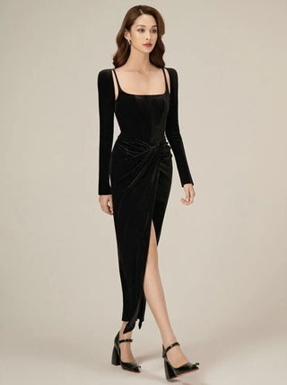 Vely Velvet Draped Dress Black