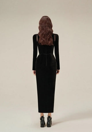 Black Velvet Dress Maxi Pencil Slip Dress Longsleeve - Cielie 