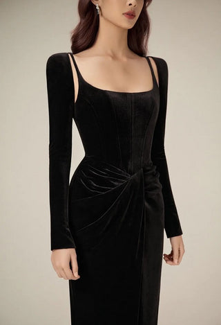 Black Velvet dress long sleeve Draped Shoulderpads Designer- Cielie