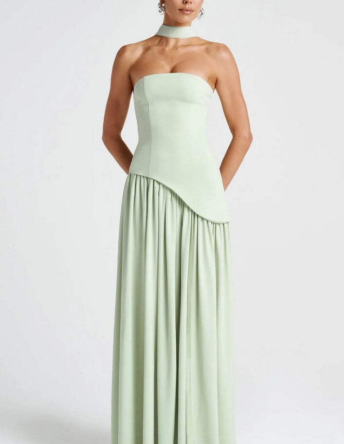 Soleil | Mint Green Wedding Guest Dress Strapless Maxi Gown with Slit & Scarf M Soleil | Mint Green Wedding Guest Dress Strapless Maxi Gown with Slit & Scarf M
