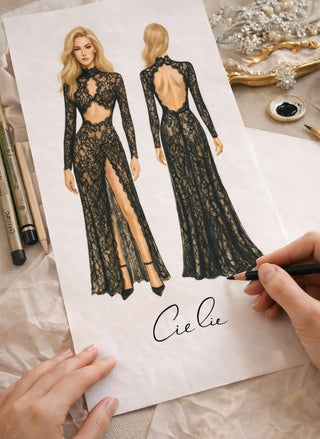 Design sketch of a black lace evening gown with a high slit, labeled 'Cielie', on a white paper with a hand holding a pen.