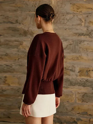 Elegant V-neck sweater with oversized gold button detail, perfect for work and casual occasions brown - Cielie Vienna