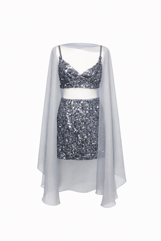 Set 3 Piece Bralette Skirt Sequin Blue with Cape Babyblue 