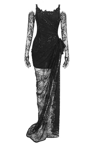 Black evening gown with lace detailing on a white background
