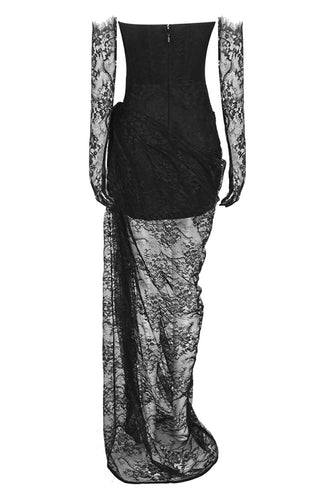 Black dress with sheer sleeves and skirt on a white background