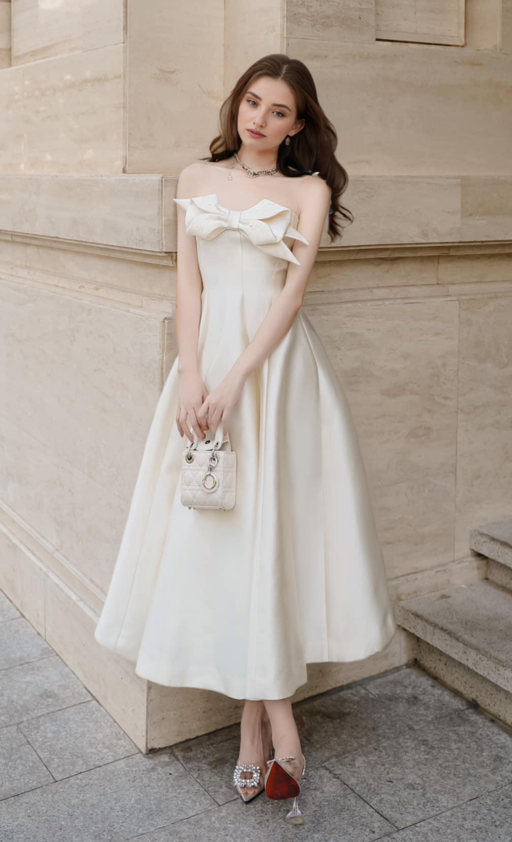 AMELIE | Cream Midi Bow Dress - Cielie