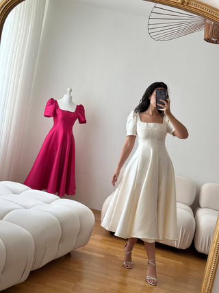 White midi bridal dress, elegant wedding dress, modern minimalist engagement dress, A-line designer gown, bridal shower outfit, Vienna-designed wedding gown, rehearsal dinner dress, elegant white dress for brides, classic old money style bridal fashion. Cielie Vienna Fashion Brand Shopping