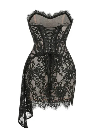 Body-sculpting black lace corset mini dress featuring a thigh-skimming length and luxurious detailing.