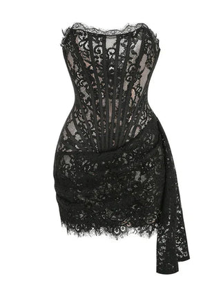 Body-sculpting black lace corset mini dress featuring a thigh-skimming length and luxurious detailing.