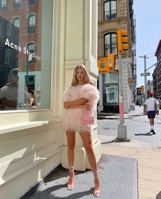 Off Shoulder Pink Pale Feather Dress Ostrich Feather Cotton Candy - Cielie Vienna Dress Rental Photoshooting 