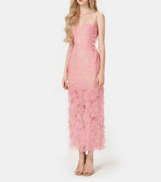 Alary dress in blush pink lace with floral beading – front view wedding guest babyshoer dress pink 